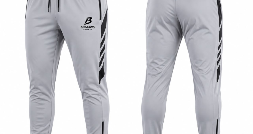 Custom Light Grey & Black Slash Tapered Athletic Track Pants Sialkot — Branis Sports