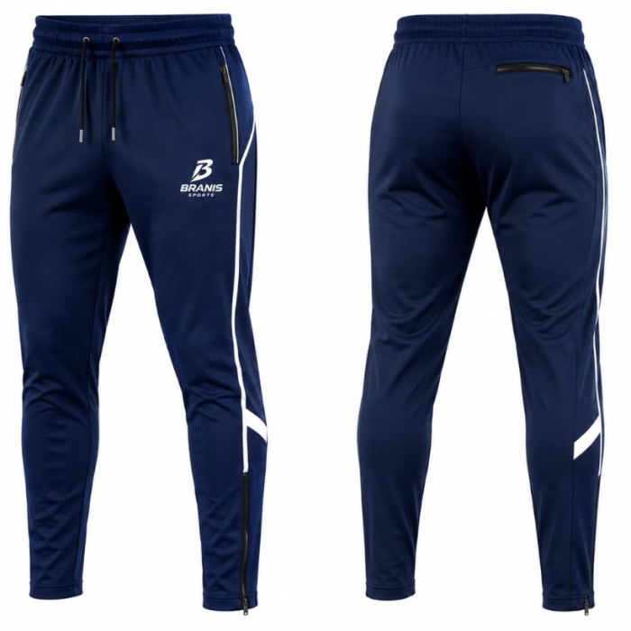 Custom Navy Blue & White Piping Slim Fit Track Pants Sialkot — Branis Sports