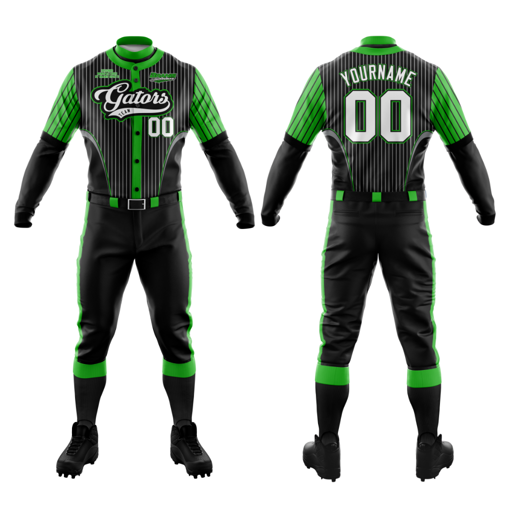 Custom Custom Gators Green & Black Pinstripe Baseball Uniforms | Wholesale Teamwear | Wholesale Manufacturer Sialkot Pakistan — Branis Sports