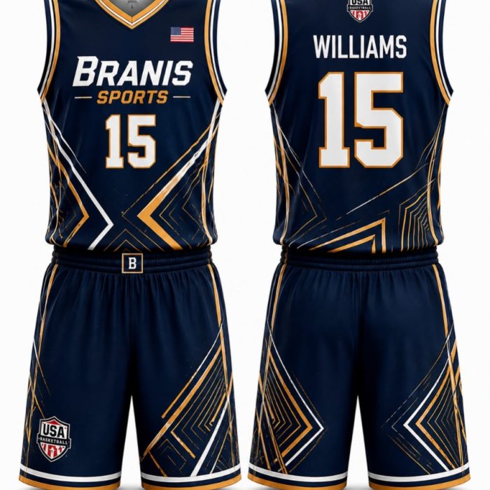 Custom Custom Navy Blue & Gold Sublimated Basketball Jerseys & Shorts | Sialkot Factory | Wholesale Manufacturer Sialkot Pakistan — Branis Sports