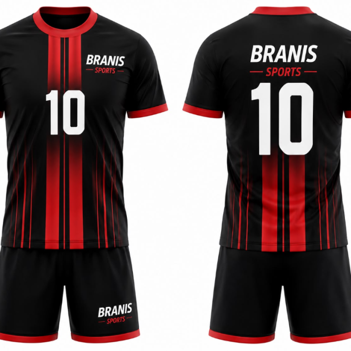 Custom Custom Black & Red Stripe Sublimated Team Soccer Uniforms | Wholesale Manufacturer Sialkot Pakistan — Branis Sports