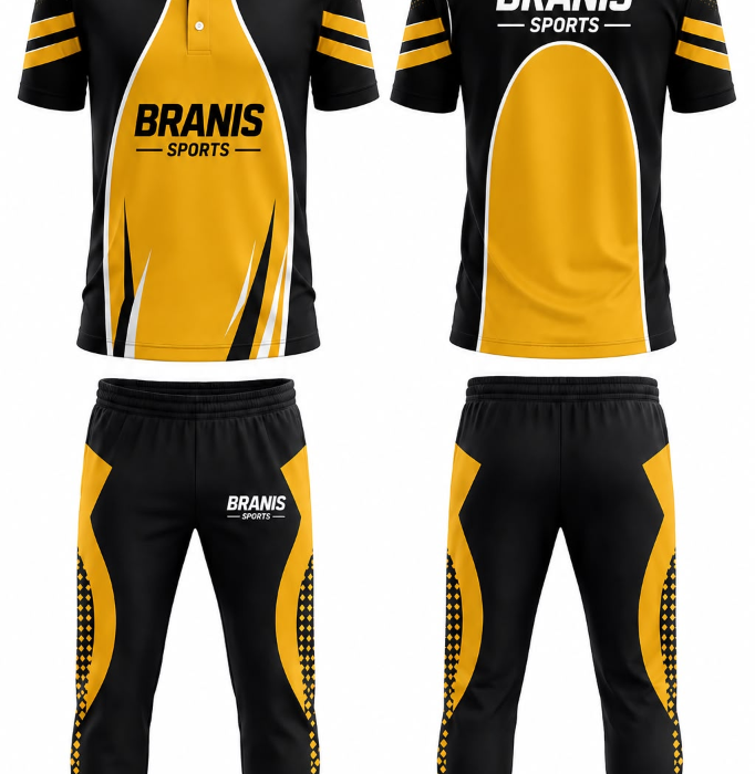 Custom Custom Black & Yellow Sublimated Cricket Uniforms | Wholesale Sialkot Pakistan | Wholesale Manufacturer Sialkot Pakistan — Branis Sports