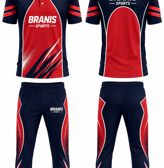 Custom Custom Red & Navy Blue Sublimated Cricket Team Uniforms | Sialkot OEM Factory | Wholesale Manufacturer Sialkot Pakistan — Branis Sports