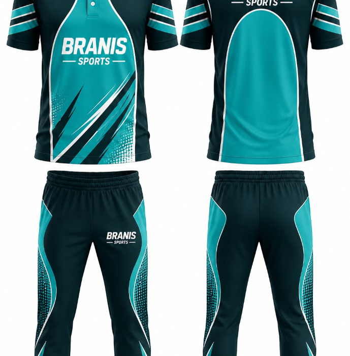 Custom Custom Dark Teal & Cyan Brush Sublimated Cricket Kits | Bulk Wholesale Pakistan | Wholesale Manufacturer Sialkot Pakistan — Branis Sports