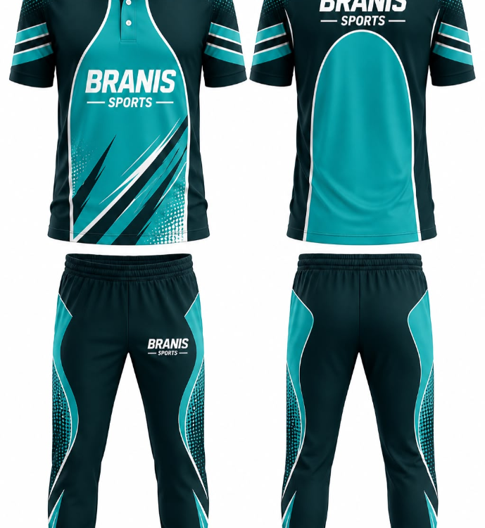 Custom Custom Dark Teal & Cyan Brush Sublimated Cricket Kits | Bulk Wholesale Pakistan | Wholesale Manufacturer Sialkot Pakistan — Branis Sports