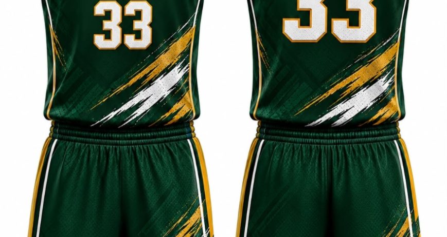 Custom Custom Dark Green & Gold Sublimated Basketball Team Kits | Wholesale Factory Sialkot | Wholesale Manufacturer Sialkot Pakistan — Branis Sports