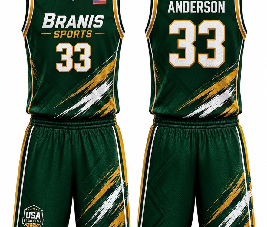 Custom Custom Dark Green & Gold Sublimated Basketball Team Kits | Wholesale Factory Sialkot | Wholesale Manufacturer Sialkot Pakistan — Branis Sports