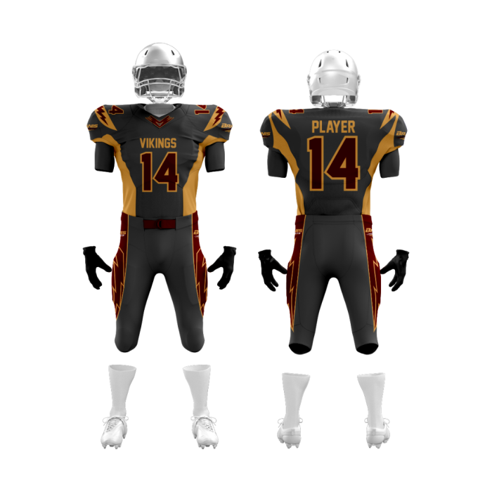 Custom Custom Vikings Dark Grey & Gold Sublimated Football Uniforms | Sialkot Manufacturer | Wholesale Manufacturer Sialkot Pakistan — Branis Sports