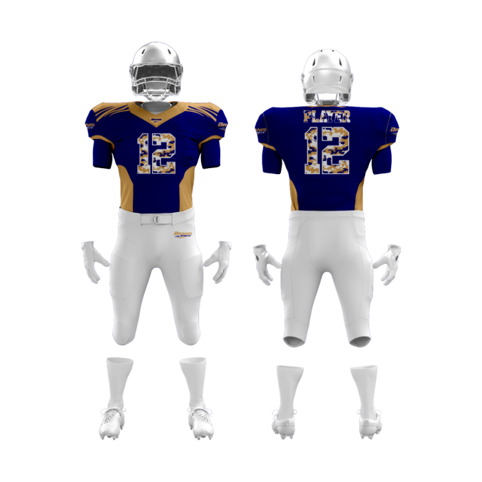 Custom Custom Royal Blue & Gold Camo Number Football Jerseys & Pants | Wholesale Teamwear | Wholesale Manufacturer Sialkot Pakistan — Branis Sports