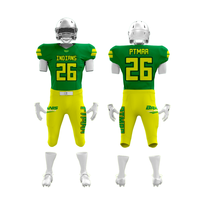 Custom Custom Indians Green & Yellow Sublimated Football Uniforms | Sialkot Manufacturer | Wholesale Manufacturer Sialkot Pakistan — Branis Sports