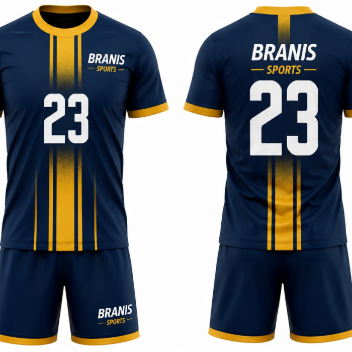Custom Custom Navy Blue & Gold Sublimated Team Soccer Uniforms | Wholesale Manufacturer Sialkot Pakistan — Branis Sports