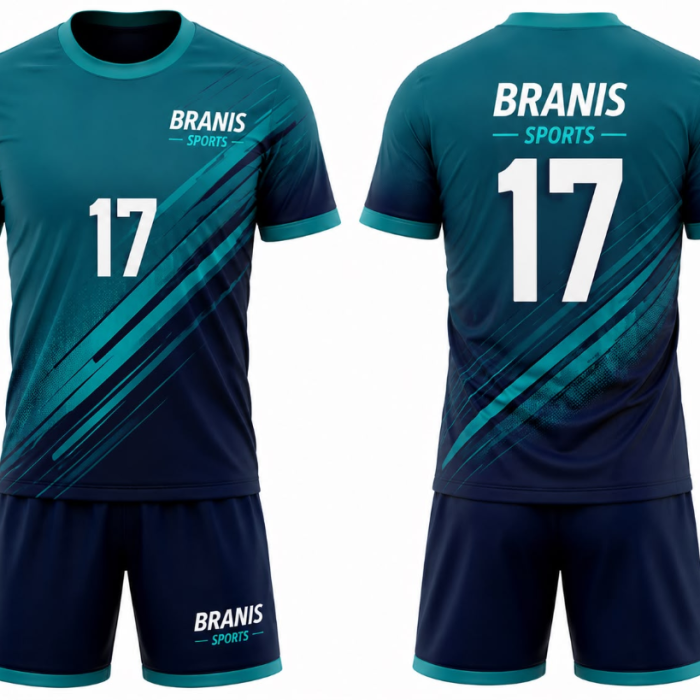 Custom Custom Teal & Navy Slanted Stripe Sublimated Soccer Uniforms | Wholesale Manufacturer Sialkot Pakistan — Branis Sports