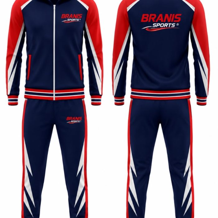 Custom Custom Navy Blue & Red Sublimated Team Warmup Tracksuits | Sialkot Manufacturer | Wholesale Manufacturer Sialkot Pakistan — Branis Sports