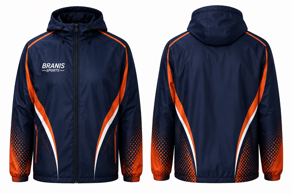 Custom Custom Navy Blue & Orange Sublimated Windbreaker Jackets | Sialkot Wholesale | Wholesale Manufacturer Sialkot Pakistan — Branis Sports