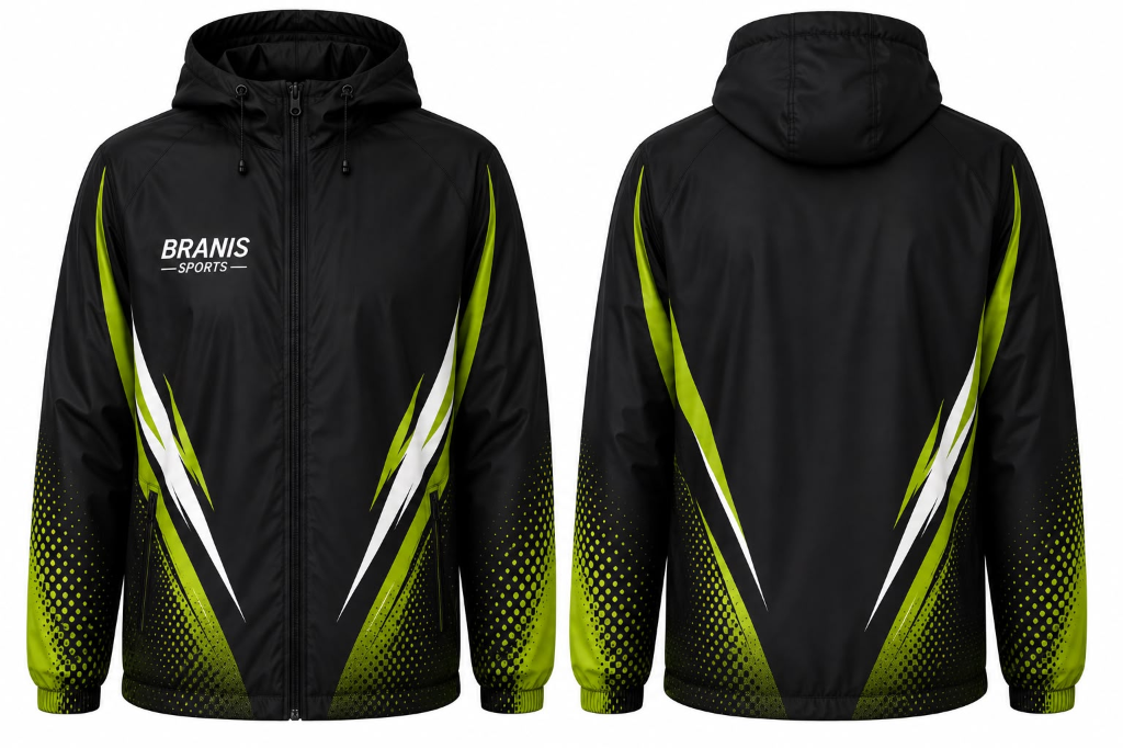 Custom Custom Black & Lime Green Sublimated Windbreaker Jackets | OEM Manufacturer | Wholesale Manufacturer Sialkot Pakistan — Branis Sports